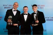 3 December 2021; Bohemians players, from left, player of the year Georgie Kelly, young player of the year nominee Ross Tierney and young player of the year Dawson Devoy  during the PFA Ireland Awards at The Marker Hotel in Dublin. Photo by Stephen McCarthy/Sportsfile