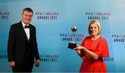 3 December 2021; Republic of Ireland manager Stephen Kenny with Cara Farrelly, mother of PFA Ireland Irish Overseas Player of the Year Gavin Bazunu during the PFA Ireland Awards at The Marker Hotel in Dublin. Photo by Stephen McCarthy/Sportsfile