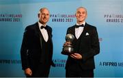 3 December 2021; PFA Ireland Player of the Year Award Georgie Kelly of Bohemians with his award, right, and former Dundalk goalkeeper Gary Rogers during the PFA Ireland Awards at The Marker Hotel in Dublin. Photo by Stephen McCarthy/Sportsfile