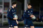 3 December 2021; Brothers Harry Byrne, left, and Ross Byrne of Leinster warm-up before the United Rugby Championship match between Leinster and Connacht at the RDS Arena in Dublin. Photo by Brendan Moran/Sportsfile