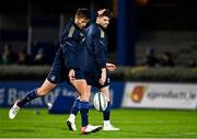 3 December 2021; Brothers Ross Byrne, left, and Harry Byrne of Leinster warm-up before the United Rugby Championship match between Leinster and Connacht at the RDS Arena in Dublin. Photo by Brendan Moran/Sportsfile