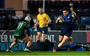 3 December 2021; Dan Sheehan of Leinster evades the tackle of Mack Hansen of Connacht on the way to scoring his side's third try during the United Rugby Championship match between Leinster and Connacht at the RDS Arena in Dublin. Photo by Brendan Moran/Sportsfile