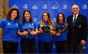 3 December 2021; Leinster rugby president John Walsh, with Leinster players, from left, Jenny Murphy, Alice O'Dowd, Mary Healy and Emily McKeown, during the Leinster Rugby Womens Cap and Jersey Presentation at the RDS Library in Dublin. Photo by Sam Barnes/Sportsfile