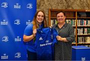 3 December 2021; Mary Healy is presented with her jersey by Paula Murphy, Head of Strategic Sponsorship and Corporate & Social Responsibility at Bank of Ireland, during the Leinster Rugby Womens Cap and Jersey Presentation at the RDS Library in Dublin. Photo by Sam Barnes/Sportsfile