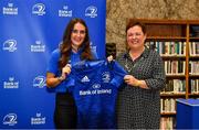 3 December 2021; Lauren Farrell McCabe is presented with her jersey by Paula Murphy, Head of Strategic Sponsorship and Corporate & Social Responsibility at Bank of Ireland, during the Leinster Rugby Womens Cap and Jersey Presentation at the RDS Library in Dublin. Photo by Sam Barnes/Sportsfile
