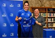 3 December 2021; Elaine Anthony is presented with her jersey by Paula Murphy, Head of Strategic Sponsorship and Corporate & Social Responsibility at Bank of Ireland, during the Leinster Rugby Womens Cap and Jersey Presentation at the RDS Library in Dublin. Photo by Sam Barnes/Sportsfile