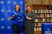3 December 2021; Michelle Claffey is presented with her jersey by Paula Murphy, Head of Strategic Sponsorship and Corporate & Social Responsibility at Bank of Ireland, during the Leinster Rugby Womens Cap and Jersey Presentation at the RDS Library in Dublin. Photo by Sam Barnes/Sportsfile