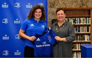 3 December 2021; Jenny Murphy is presented with her jersey by Paula Murphy, Head of Strategic Sponsorship and Corporate & Social Responsibility at Bank of Ireland, during the Leinster Rugby Womens Cap and Jersey Presentation at the RDS Library in Dublin. Photo by Sam Barnes/Sportsfile