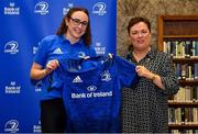 3 December 2021; Mairead Holohan is presented with her jersey by Paula Murphy, Head of Strategic Sponsorship and Corporate & Social Responsibility at Bank of Ireland, during the Leinster Rugby Womens Cap and Jersey Presentation at the RDS Library in Dublin. Photo by Sam Barnes/Sportsfile