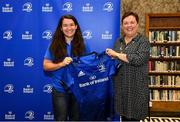 3 December 2021; Christy Haney is presented with her jersey by Paula Murphy, Head of Strategic Sponsorship and Corporate & Social Responsibility at Bank of Ireland, during the Leinster Rugby Womens Cap and Jersey Presentation at the RDS Library in Dublin. Photo by Sam Barnes/Sportsfile