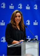 3 December 2021; MC Sene Naoupu speaking during the Leinster Rugby Womens Cap and Jersey Presentation at the RDS Library in Dublin. Photo by Sam Barnes/Sportsfile