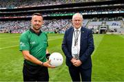 31 July 2021; Match refeeree David Gough and Ulster GAA secretary Brian McAvoy before the Ulster GAA Football Senior Championship Final match between Monaghan and Tyrone at Croke Park in Dublin. Photo by Ray McManus/Sportsfile