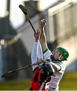 4 December 2021; Joey Holden of Shamrocks Ballyhale wins possession ahead of Ted Joyce of Mount Leinster Rangers during the AIB Leinster GAA Hurling Senior Club Championship Quarter-Final match between Mount Leinster Rangers and Shamrocks Ballyhale at Netwatch Cullen Park in Carlow. Photo by Piaras Ó Mídheach/Sportsfile