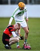 4 December 2021; Jon Nolan of Mount Leinster Rangers is consoled by Richie Reid of Shamrocks Ballyhale after his side's defeat in the AIB Leinster GAA Hurling Senior Club Championship Quarter-Final match between Mount Leinster Rangers and Shamrocks Ballyhale at Netwatch Cullen Park in Carlow. Photo by Piaras Ó Mídheach/Sportsfile