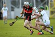 4 December 2021; Fiachra Fitzpatrick of Mount Leinster Rangers in action against Eoin Cody, behind, and Evan Shefflin of Shamrocks Ballyhale during the AIB Leinster GAA Hurling Senior Club Championship Quarter-Final match between Mount Leinster Rangers and Shamrocks Ballyhale at Netwatch Cullen Park in Carlow. Photo by Piaras Ó Mídheach/Sportsfile