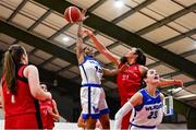 4 December 2021; Jasmine Walker of WIT Waterford Wildcats has her shot blocked by Shannon Brady of Fr Mathews during the InsureMyHouse.ie Paudie O’Connor Cup Quarter-Final match between Fr. Mathews and WIT Waterford Wildcats at Fr. Mathews Arena in Cork. Photo by Sam Barnes/Sportsfile