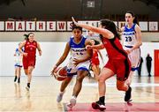 4 December 2021; Rachel Thompson of WIT Waterford Wildcats in action against Amy Corkery of Fr Mathews during the InsureMyHouse.ie Paudie O’Connor Cup Quarter-Final match between Fr. Mathews and WIT Waterford Wildcats at Fr. Mathews Arena in Cork. Photo by Sam Barnes/Sportsfile