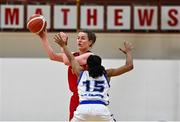 4 December 2021; Aisling McCann of Fr Mathews in action against Jasmine Walker of WIT Waterford Wildcats during the InsureMyHouse.ie Paudie O’Connor Cup Quarter-Final match between Fr. Mathews and WIT Waterford Wildcats at Fr. Mathews Arena in Cork. Photo by Sam Barnes/Sportsfile