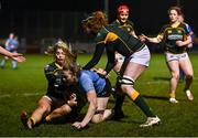 4 December 2021; Fiona Scally of Galwegians is tackled by Ailsa Hughes, left, and Aoife McDermott of Railway Union during the Energia Women's All-Ireland League Division 1 match between Railway Union RFC and Galwegians at Willow Lodge in Dublin. Photo by David Fitzgerald/Sportsfile