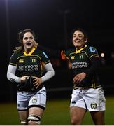 4 December 2021; Lindsay Peat, right, and Kate McCarthy of Railway Union during the Energia Women's All-Ireland League Division 1 match between Railway Union RFC and Galwegians at Willow Lodge in Dublin. Photo by David Fitzgerald/Sportsfile