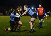 4 December 2021; Stephanie Carroll of Railway Union is tackled by Casie O'Connell of Galwegians during the Energia Women's All-Ireland League Division 1 match between Railway Union RFC and Galwegians at Willow Lodge in Dublin. Photo by David Fitzgerald/Sportsfile