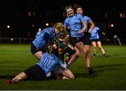 4 December 2021; Stephanie Carroll of Railway Union is tackled by Casie O'Connell of Galwegians during the Energia Women's All-Ireland League Division 1 match between Railway Union RFC and Galwegians at Willow Lodge in Dublin. Photo by David Fitzgerald/Sportsfile