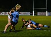 4 December 2021; Keelin Brady of Railway Union is tackled by Saskia Morrissey of Galwegians during the Energia Women's All-Ireland League Division 1 match between Railway Union RFC and Galwegians at Willow Lodge in Dublin. Photo by David Fitzgerald/Sportsfile