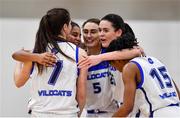 4 December 2021; WIT Waterford Wildcats players, from left, Kate Hickey, Rachel Thompson, Helena Rohan, Stephanie O'Shea and Jasmine Walker celebrate after their side's victory in the InsureMyHouse.ie Paudie O’Connor Cup Quarter-Final match between Fr. Mathews and WIT Waterford Wildcats at Fr. Mathews Arena in Cork. Photo by Sam Barnes/Sportsfile