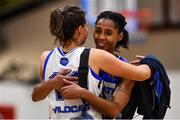 4 December 2021; Jasmine Walker of WIT Waterford Wildcats, right, and team-mate Sinead Deegan celebrate after their side's victory in the InsureMyHouse.ie Paudie O’Connor Cup Quarter-Final match between Fr. Mathews and WIT Waterford Wildcats at Fr. Mathews Arena in Cork. Photo by Sam Barnes/Sportsfile