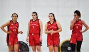 4 December 2021;  Fr Mathews players, from left, Anna Lynch, Amy Murphy, Amy Corkery and Grainne Dwyer, look on dejected in the fourth quarter during the InsureMyHouse.ie Paudie O’Connor Cup Quarter-Final match between Fr. Mathews and WIT Waterford Wildcats at Fr. Mathews Arena in Cork. Photo by Sam Barnes/Sportsfile