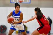 4 December 2021; Rachel Thompson of WIT Waterford Wildcats in action against Amy Corkery of Fr Mathews during the InsureMyHouse.ie Paudie O’Connor Cup Quarter-Final match between Fr. Mathews and WIT Waterford Wildcats at Fr. Mathews Arena in Cork. Photo by Sam Barnes/Sportsfile