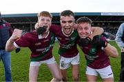 5 December 2021; Portarlington players from left Rioghan Murphy, Ronan Coffey and Jake Foster celebrate after the AIB Leinster GAA Football Senior Club Championship Quarter-Final match between Portarlington and St Loman's at MW Hire O’Moore Park in Portlaoise, Laois. Photo by Matt Browne/Sportsfile