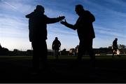 5 December 2021; The Kilmacud Crokes manager Robbie Brennan, right, is congratulated after the AIB Leinster GAA Football Senior Club Championship Quarter-Final match between Wolfe Tones and Kilmacud Crokes at Páirc Tailteann in Navan, Meath. Photo by Ray McManus/Sportsfile