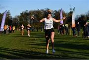 5 December 2021; Eavan Mcloughlin of Sligo AC, Sligo, celebrates on her way to winning the Novice Women's 4000m event during the Irish Life Health National Novice, Junior, and Juvenile Uneven Age Cross Country Championships at Gowran Park in Kilkenny. Photo by Sam Barnes/Sportsfile