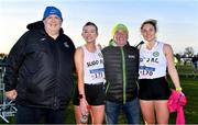 5 December 2021; Athletics Ireland President John Cronin, left, with Eimear O'Connor, second from left, and Eavan Mcloughlin, both of Sligo AC, and their coach Ray Flynn, after the Novice Women's 4000m event during the Irish Life Health National Novice, Junior, and Juvenile Uneven Age Cross Country Championships at Gowran Park in Kilkenny. Photo by Sam Barnes/Sportsfile