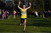 5 December 2021; Matthew Lavery of North Belfast Harriers, Antrim, celebrates on his way to winning the Boys U19 event during the Irish Life Health National Novice, Junior, and Juvenile Uneven Age Cross Country Championships at Gowran Park in Kilkenny. Photo by Sam Barnes/Sportsfile