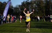 5 December 2021; Matthew Lavery of North Belfast Harriers, Antrim, celebrates on his way to winning the Boys U19 event during the Irish Life Health National Novice, Junior, and Juvenile Uneven Age Cross Country Championships at Gowran Park in Kilkenny. Photo by Sam Barnes/Sportsfile