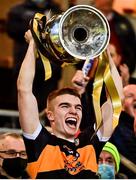 5 December 2021; Austin Stacks captain Dylan Casey lifts the Bishop Moynihan Cup after the Kerry County Senior Football Championship Final match between Austin Stacks and Kerins O'Rahilly's at Austin Stack Park in Tralee, Kerry. Photo by Brendan Moran/Sportsfile