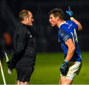5 December 2021; Scotstown 's Darren Hughes has words with linsman Kevin Faloon after getting a red card during the AIB Ulster GAA Football Club Senior Championship Quarter-Final match between Glen and Scotstown at Celtic Park in Derry. Photo by Philip Fitzpatrick/Sportsfile