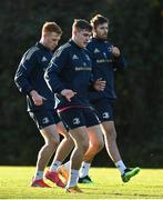 6 December 2021; Leinster players, from left, Ciarán Frawley, Garry Ringrose and Ross Byrne during squad training at UCD in Dublin. Photo by Brendan Moran/Sportsfile