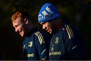 6 December 2021; Leinster players Ciarán Frawley, left, and Adam Byrne arrive for squad training at UCD in Dublin. Photo by Brendan Moran/Sportsfile
