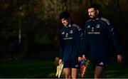 6 December 2021; Leinster players Jimmy O'Brien, left, and Max Deegan arrive for squad training at UCD in Dublin. Photo by Brendan Moran/Sportsfile