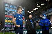 3 December 2021; Player of the Match Josh van der Flier of Leinster is interviewed after the United Rugby Championship match between Leinster and Connacht at the RDS Arena in Dublin. Photo by Ramsey Cardy/Sportsfile