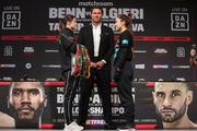 9 December 2021; Katie Taylor, left, and Firuza Sharipova, right, with promoter Eddie Hearn during a press conference ahead of their Undisputed Lightweight Championship bout at the Liverpool Guild of Students in Liverpool, England. Photo by Mark Robinson / Matchroom Boxing via Sportsfile