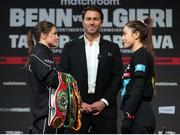 9 December 2021; Katie Taylor, left, and Firuza Sharipova, right, with promoter Eddie Hearn during a press conference ahead of their Undisputed Lightweight Championship bout at the Liverpool Guild of Students in Liverpool, England. Photo by Mark Robinson / Matchroom Boxing via Sportsfile