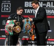 9 December 2021; Katie Taylor, left, with promoter Eddie Hearn during a press conference ahead of her Undisputed Lightweight Championship bout against Firuza Sharipova at the Liverpool Guild of Students in Liverpool, England. Photo by Mark Robinson / Matchroom Boxing via Sportsfile