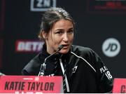9 December 2021; Katie Taylor during a press conference ahead of her Undisputed Lightweight Championship bout against Firuza Sharipova at the Liverpool Guild of Students in Liverpool, England. Photo by Mark Robinson / Matchroom Boxing via Sportsfile