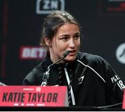 9 December 2021; Katie Taylor during a press conference ahead of her Undisputed Lightweight Championship bout against Firuza Sharipova at the Liverpool Guild of Students in Liverpool, England. Photo by Mark Robinson / Matchroom Boxing via Sportsfile