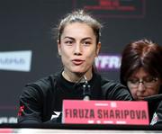 9 December 2021; Firuza Sharipova during a press conference ahead of her Undisputed Lightweight Championship bout against Katie Taylor at the Liverpool Guild of Students in Liverpool, England. Photo by Mark Robinson / Matchroom Boxing via Sportsfile
