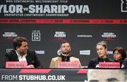 9 December 2021; Firuza Sharipova, right, with Chris Algieri, centre, and promoter Eddie Hearn during a press conference ahead of her Undisputed Lightweight Championship bout against Katie Taylor at the Liverpool Guild of Students in Liverpool, England. Photo by Mark Robinson / Matchroom Boxing via Sportsfile